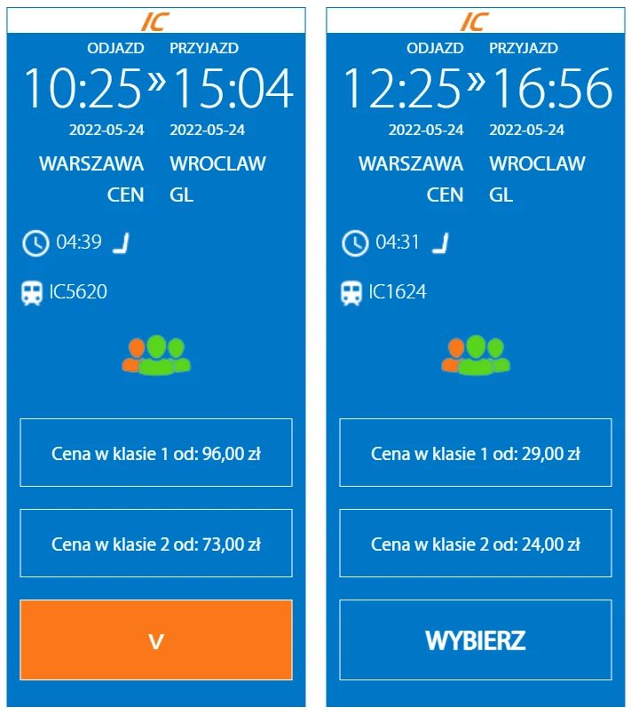 Ceny biletów na pociągi Warszawa-Wrocław na 24 maja - ta sama klasa, podobny czas przejazdu, ale w cenie znaczna różnica