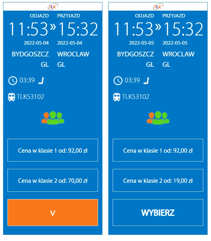 Po lewej: koszty biletów na "Artusa" w środę, a po prawej - w czwartek, po wprowadzeniu nowego systemu zarządzania ceną w PKP IC