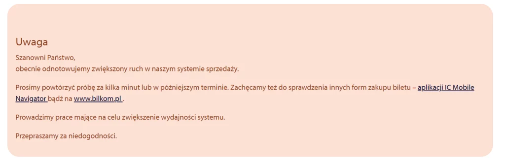 Komunikat na stronie intercity.pl, który pasażerowie ujrzeli w czwartek po południu