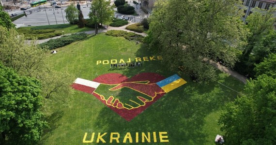 Ogromne serce, w którym krzyżują się dłonie dwóch osób oraz flaga Polski i Ukrainy, całość wieńczy napis "Podaj rękę Ukrainie" - tak wygląda dywan kwiatowy, który powstał w centrum Poznania. Do jego wykonania użyto ponad 150 tysięcy tulipanów.