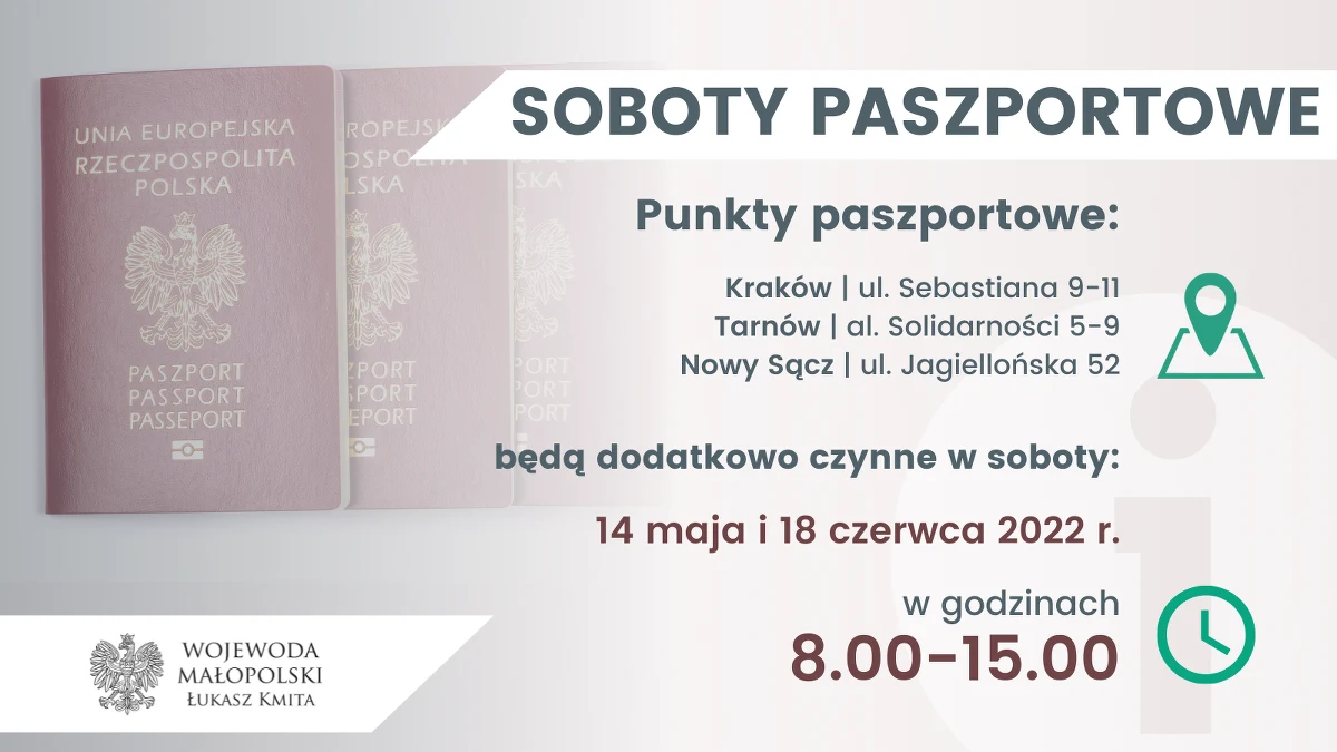 14 maja to kolejna „Sobota paszportowa” województwie małopolskim. W Krakowie oraz w Tarnowie i Nowym Sączu – w godzinach od 8:00 do 15:00 – można załatwić sprawy paszportowe: złożyć wniosek lub odebrać gotowy dokument.