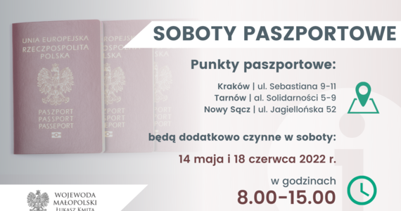 14 maja to kolejna „Sobota paszportowa” województwie małopolskim. W Krakowie oraz w Tarnowie i Nowym Sączu – w godzinach od 8:00 do 15:00 – można załatwić sprawy paszportowe: złożyć wniosek lub odebrać gotowy dokument.