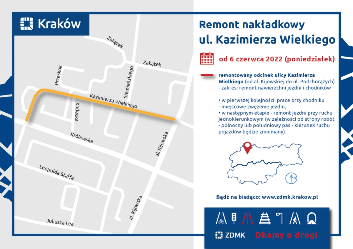 Ruszają kolejne remonty ulic w Krakowie. Rozpoczęła się wymiana nawierzchni na ulicy Kazimierza Wielkiego i na Kobierzyńskiej.

