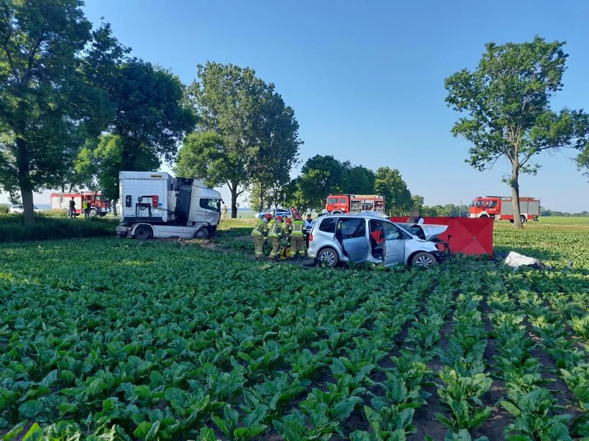 45-letni obywatel Ukrainy kierując ciężarową scanią nie ustąpił pierwszeństwa przejazdu 79-letniemu kierowcy volkswagena. W wyniku silnego uderzenia, pojazdy wypadły z drogi na pobliskie pole. Na miejscu zginął 79-latek.