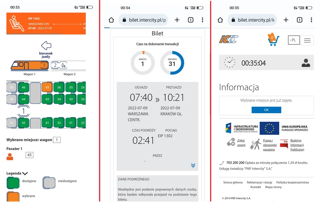 Kilka etapów z nieudanej próby wykupienia miejsca w Pendolino z Warszawy do Krakowa