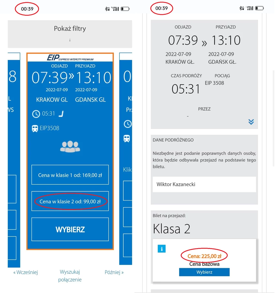 Ta sama godzina, ale cena biletu inna. Proponowany koszt podróży wzrósł po kliknięciu w interesujący nas kurs