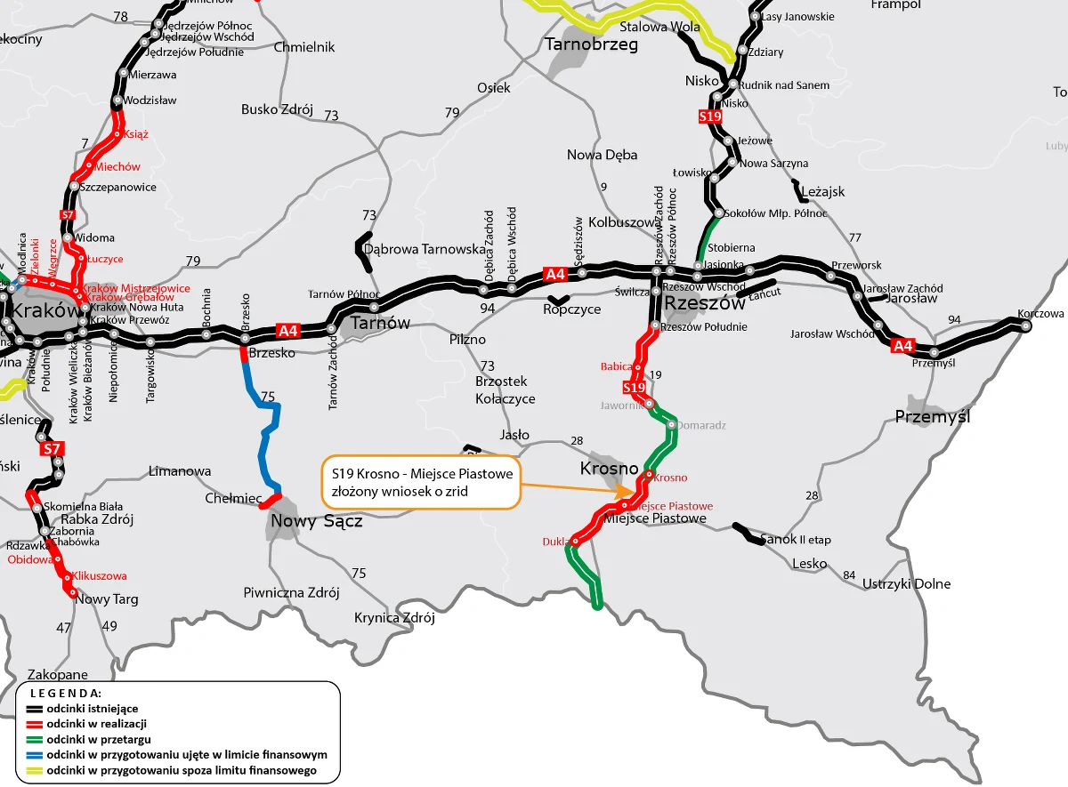Do wojewody podkarpackiego złożony został wniosek o wydanie zezwolenia na realizację inwestycji drogowej (ZRID) dla ponad 10 km drogi ekspresowej S19 między węzłami Krosno i Miejsce Piastowe - poinformowała w piątek PAP rzeczniczka prasowa GDDKiA w Rzeszowie Joanna Rarus.

