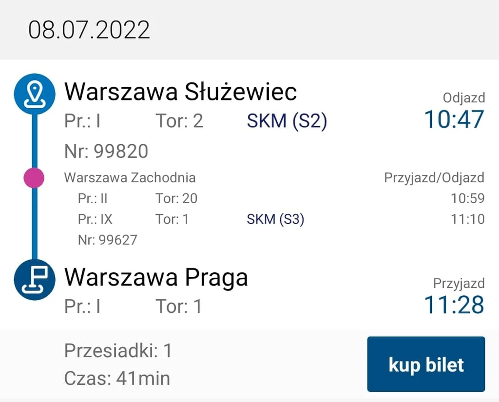 Takie połączenie między stołecznymi stacjami Służewiec i Praga wskazał mi Portal Pasażera