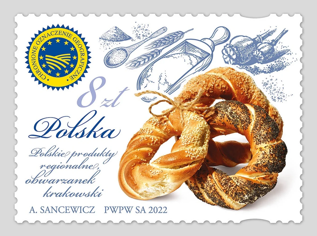 Obwarzanek krakowski to kolejny polski produkt regionalny, który doczekał się swojego znaczka pocztowego. "Będzie od teraz w świecie popularyzował wyjątkowość i jednocześnie różnorodność kulinarną polskich regionów. Tak jak do tej pory robią to na znaczkach truskawka kaszubska, jabłko łąckie, ser koryciński, miód kurpiowski, rogal świętomarciński i czosnek galicyjski – mówi wiceprezes Poczty Polskiej Wiesław Włodek.