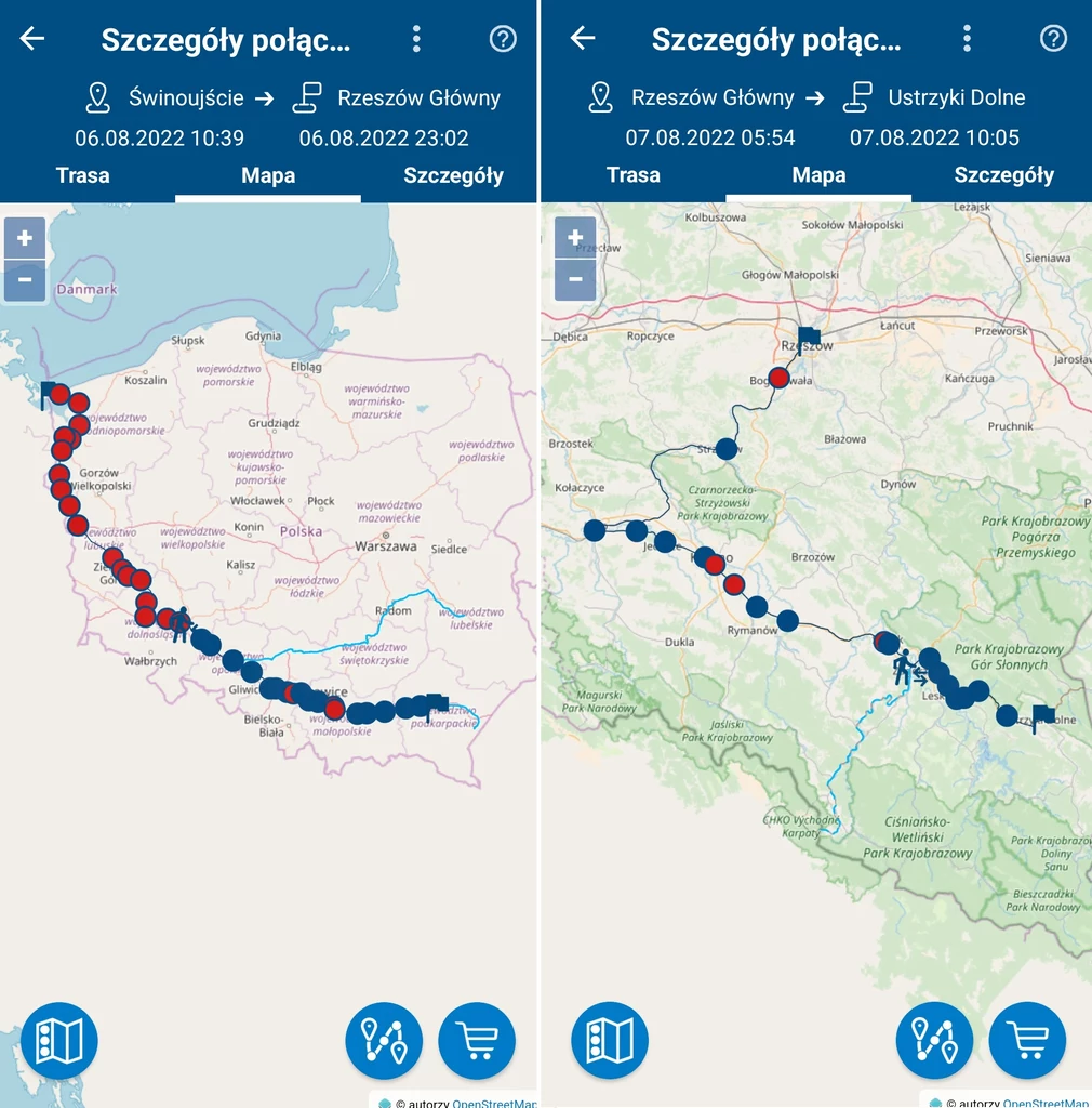 Mapa mojej podróży: z lewej trasa, jaką pokonałem w sobotę, a z prawej jej końcowy, podkarpacki odcinek, który przypadł na niedzielę