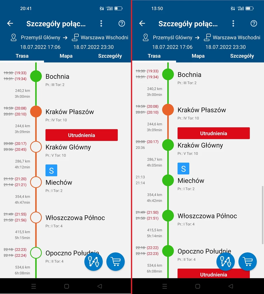 Po lewej - dane o godzinach odjazdu IC "Malinowski" z 18 lipca, godz. 20:41, czyli pięć minut po faktycznym odjeździe pociągu. Z prawej zrzut ekranu wykonany dzień później, z poprawionymi informacjami o tym samym kursie