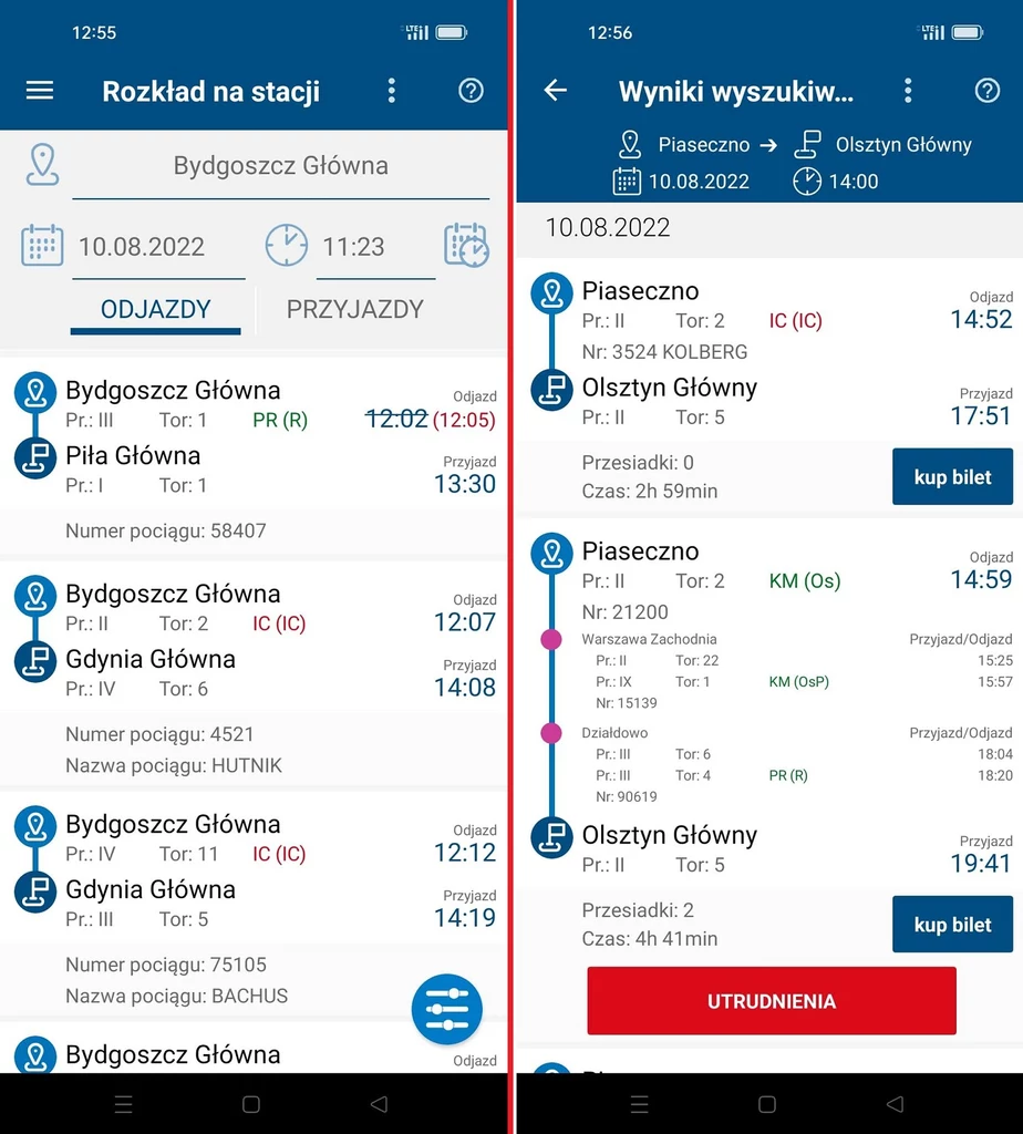 Portal Pasażera pozwala m.in. sprawdzić aktualny rozkład jazdy z wybranej stacji, z uwzględnieniem spóźnień (po lewej), a także szuka połączeń między stacjami - z przesiadkami i bez nich (z prawej)