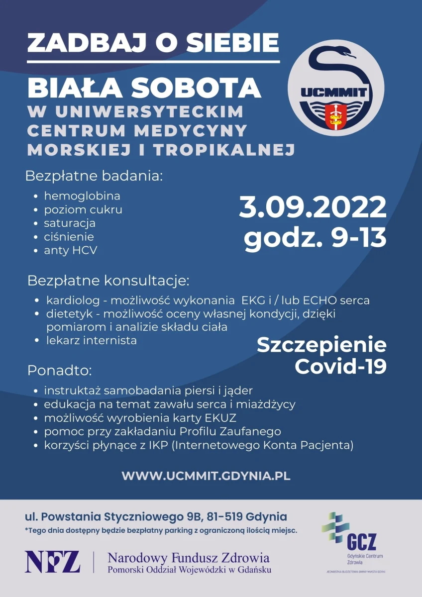 Uniwersyteckie Centrum Medycyny Morskiej i Tropikalnej w Gdyni zaprasza na Białą Sobotę. Z bezpłatnych badań będzie można skorzystać 3 września, w godz. 9.00-13.00.