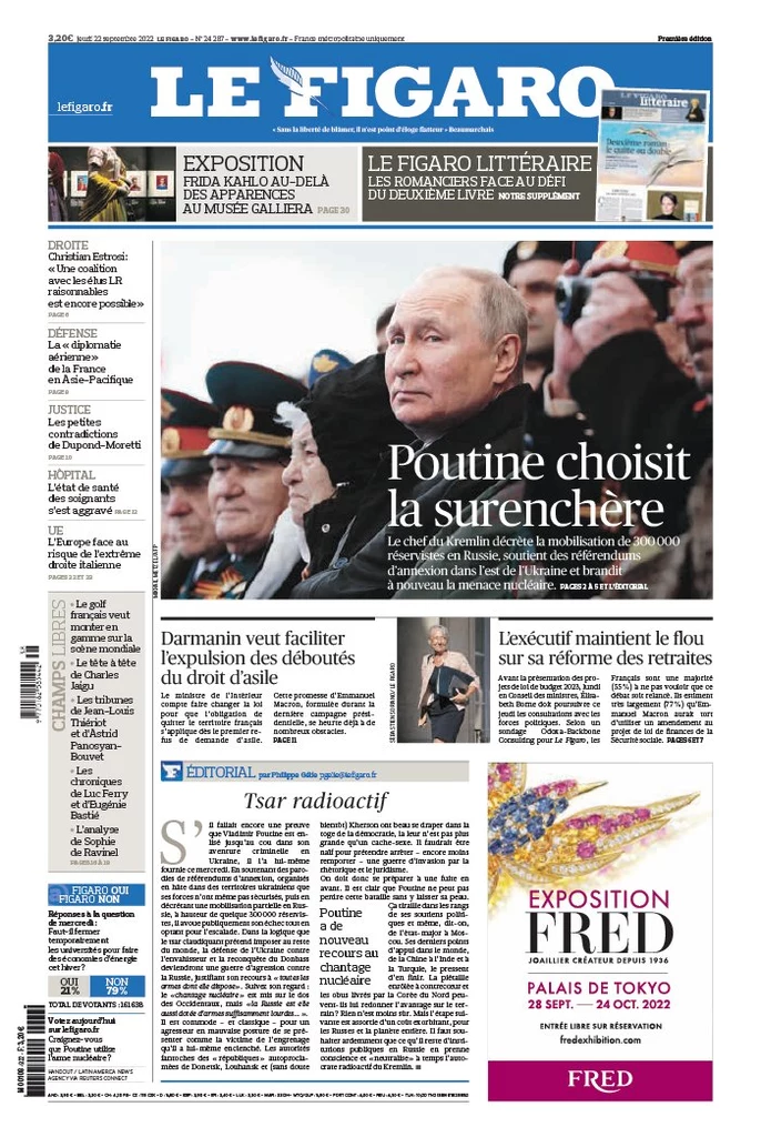 Pierwsza strona czwartkowego wydania "Le Figaro"