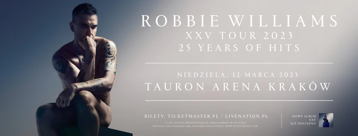 Robbie Williams ogłosił nowe daty swojej europejskiej trasy koncertowej "XXV" - świętując niesamowite 25-lecie solowej kariery. 12 marca 2023 r. artysta wystąpi w krakowskiej TAURON Arenie. 