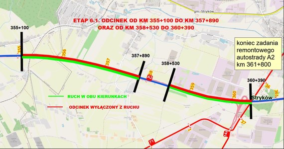 Utrudnienia i ograniczenia w ruchu na autostradzie A2 pomiędzy węzłami Emilia i Stryków. Ostatni etap remontu trasy rozpocznie się w niedzielę około godz. 18.00.