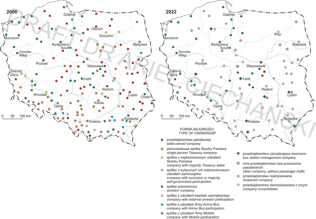 Z lewej strony mapa z PKS-ami istniejącymi w 2006 roku, z prawej - "stan gry" obecnie