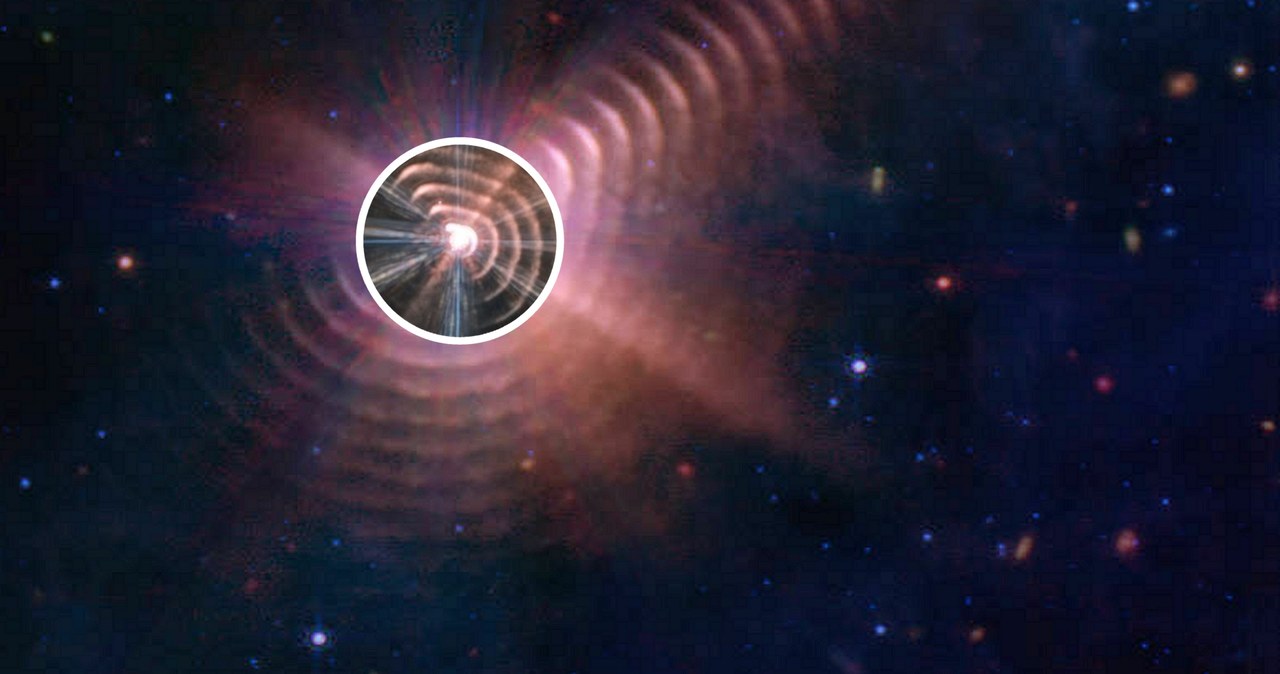 Kosmiczny Teleskop Jamesa Webba ukazał nam właśnie w spektakularny sposób efekt przerażającego tańca dwóch gwiazd typu Wolfa-Rayeta, które kiedyś mogą zmienić się w czarną dziurę.