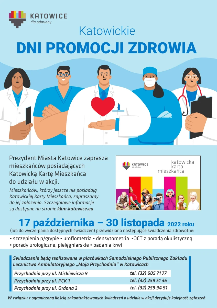 Dziś rozpoczynają się Katowickie Dni Promocji Zdrowia. Posiadacze Katowickiej Karty Mieszkańca mogą skorzystać z bezpłatnych badań i zaszczepić się przeciwko grypie.