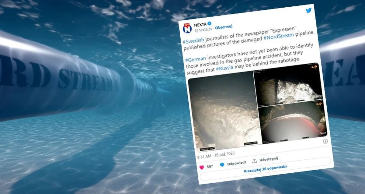Szwedzka gazeta "Expressen" opublikowała zdjęcia uszkodzonego gazociągu Nord Stream 1. Zgodnie z informacjami, wyrwa w gazociągu wynosi co najmniej 50 metrów.