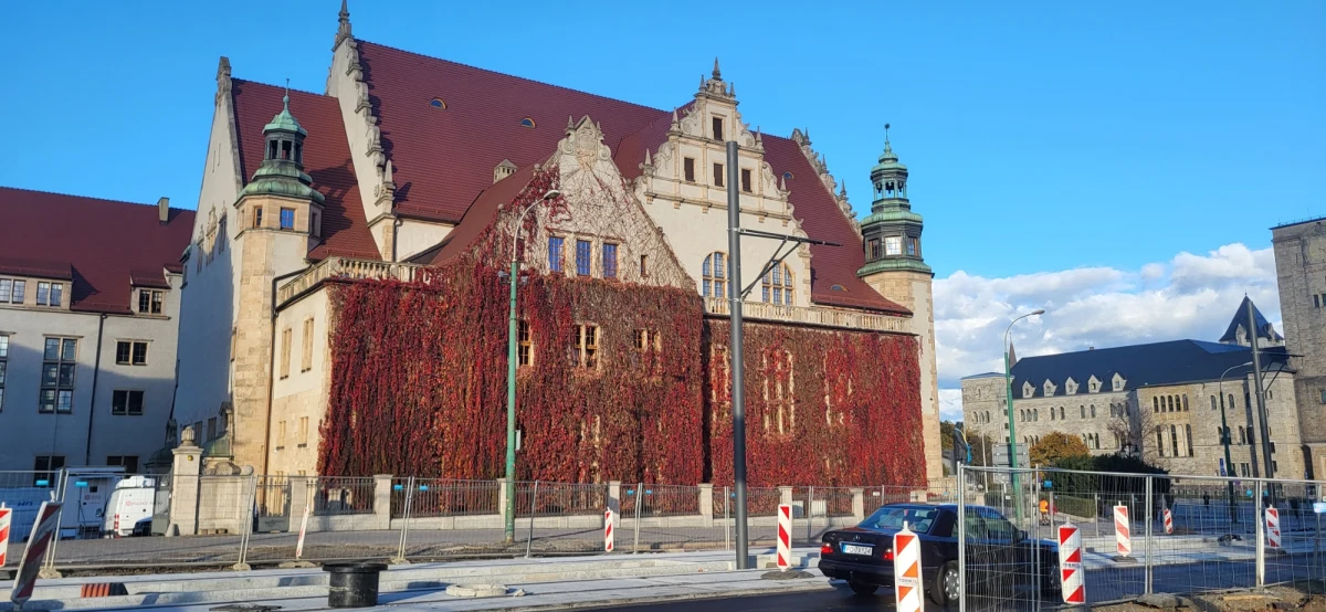 Budynek rektoratu Uniwersytetu im. Adama Mickiewicza w Poznaniu wygląda tej jesieni zjawiskowo. Pnącza porastające ściany zmieniły barwę na typowo jesienną. Zobaczcie fotograficzną relację.