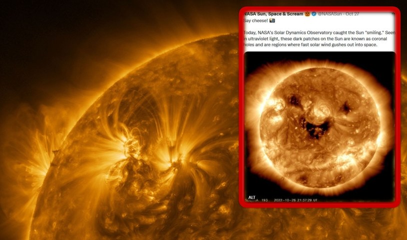 NASA podzieliła się z nami bardzo nietypową fotografią, wykonaną przez Solar Dynamics Observatory - Słońce wygląda na nim jak ogromny uśmiechnięty emotikon... internauci też nie zawiedli i z miejsca znaleźli powody tej "radości" gwiazdy. 