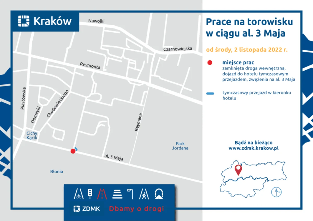 W środę rozpoczną się prace remontowe na przejeździe przez torowisko na al. 3 Maja w Krakowie. Tramwaje przez dwa tygodnie nie będą kursowały do Cichego Kącika. Linia "6"  zmieni  trasę, a "70" zostanie zlikwidowana.

