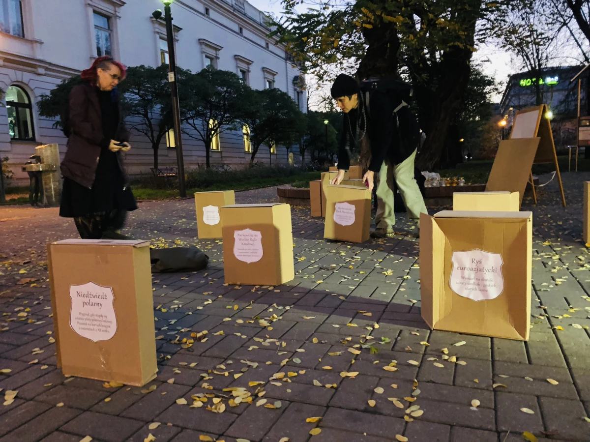 Symboliczne nagrobki: niedźwiedzia polarnego, spływu kajakowego czy śniegu pojawiły się w Pasażu Rubinsteina w Łodzi. To happening - drugie Epitafium dla Ziemi, który ma skłonić nas do refleksji nad tym, co tracimy w wyniku katastrofy klimatycznej.