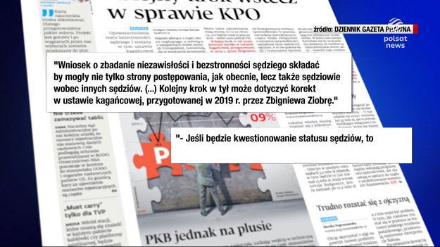 Jarosław Kaczyński odwiedzając wyborców na Śląsku zapowiedział progres w sprawie odblokowania pieniędzy z KPO. Przysłużyć się temu miałyby m.in. zmiany w prawie dotyczącym wniosków o zbadanie niezawisłości i bezstronności sędziów. W nowym porządku mogliby je składać także sędziowie wobec innych sędziów. Pomysł nie podoba się politykom Solidarnej Polski.
Materiał dla "Wydarzeń" przygotował Marcin Fijołek.