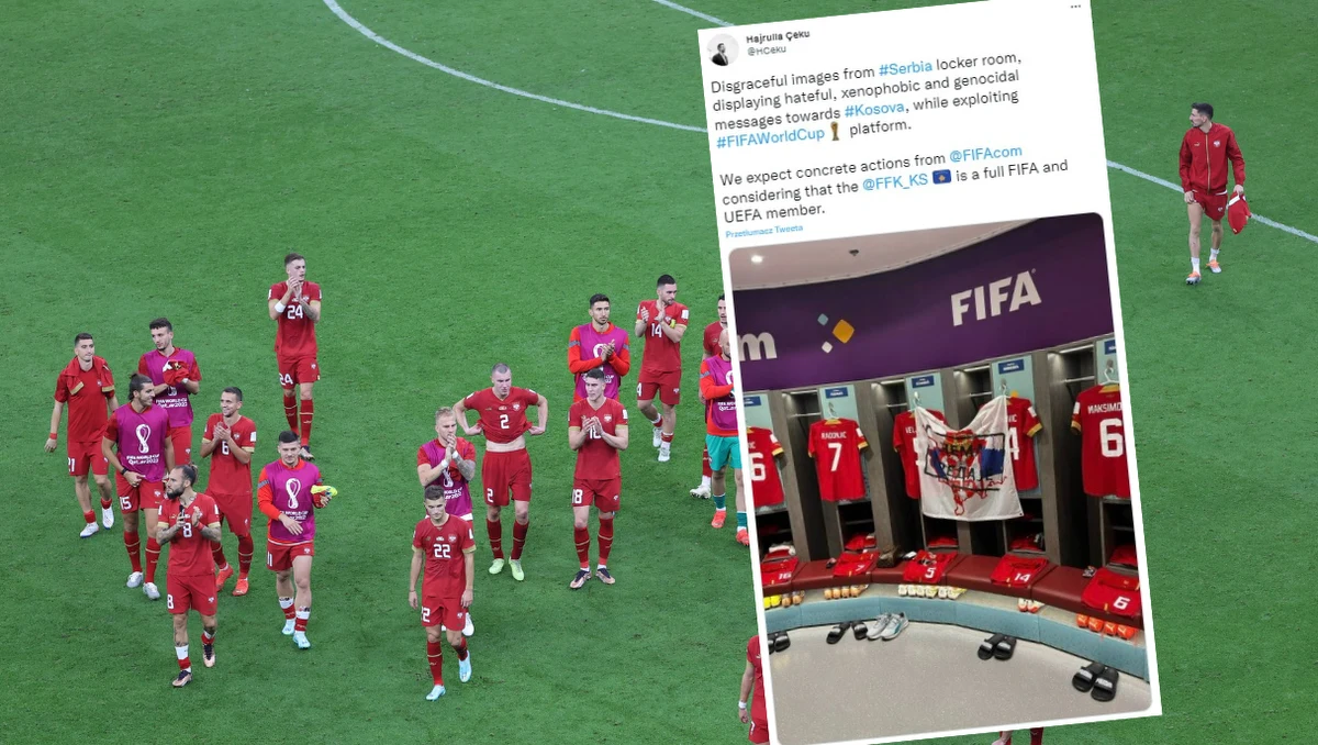 Serbska federacja piłkarska została oskarżona przez FIFA o wywieszenie w szatni drużyny politycznego transparentu szkalującego Kosowo. Incydent został zauważony po meczu na mundialu z Brazylią.