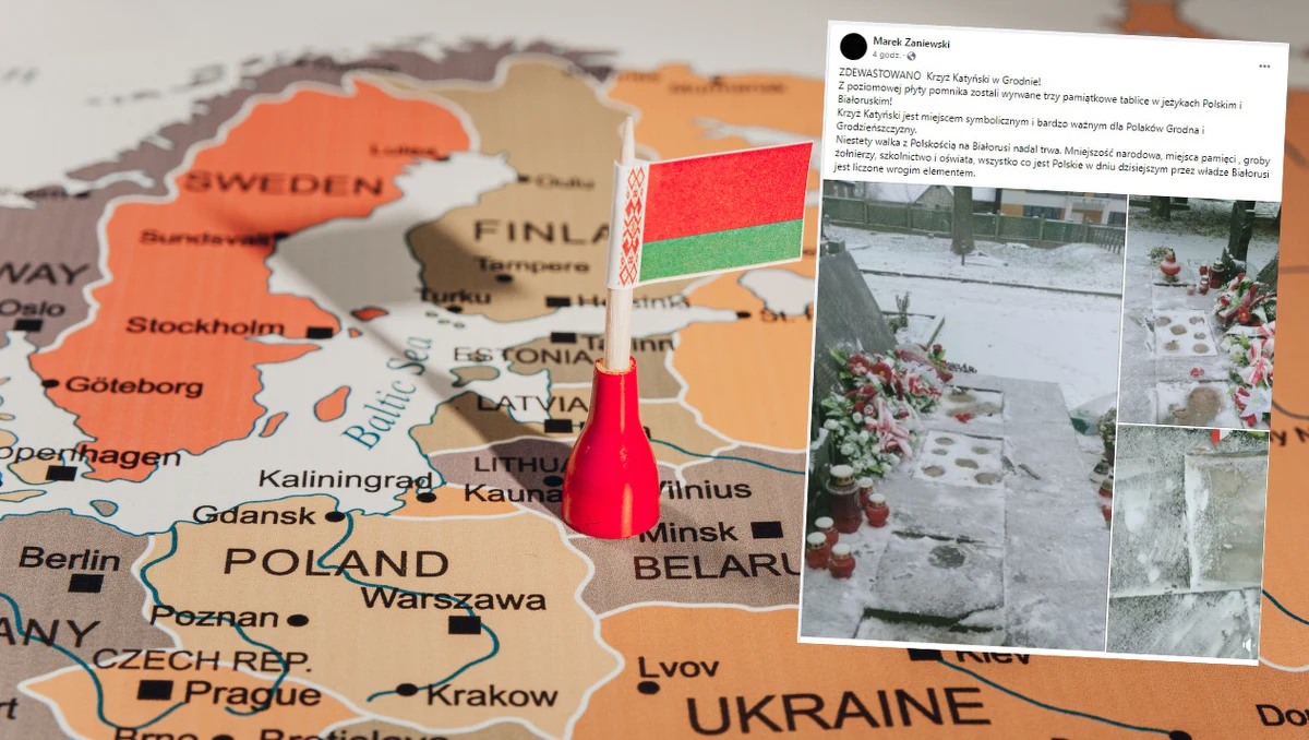 Zdewastowano Krzyż Katyński na cmentarzu wojskowym w białoruskim Grodnie. Z płyty pomnika zostały wyrwane trzy pamiątkowe tablice w językach polskim i białoruskim - poinformował na Facebooku wiceprezes Związku Polaków na Białorusi Marek Zaniewski.