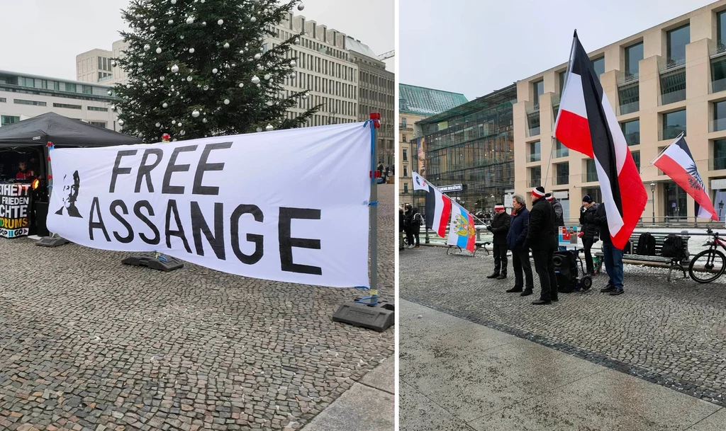 Manifestanci z lewej domagali się uwolnienia Assange'a, przebywającego od 2019 r. w brytyjskim areszcie. Ci z prawej "wspominali" II Rzeszę i Imperium Rosyjskie