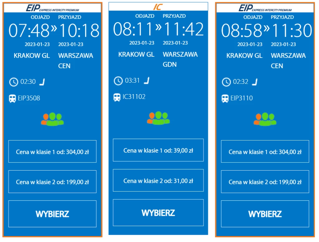 Ceny porannych pociągów Kraków-Warszawa na 23 stycznia