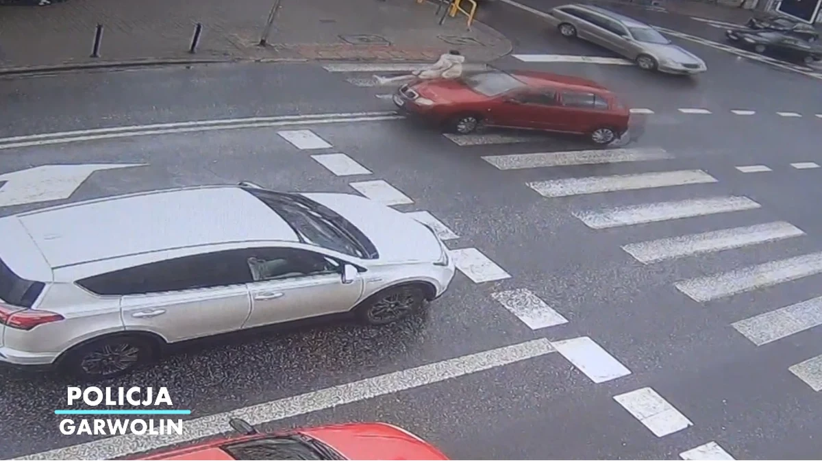 Policjanci z Garwolina opublikowali nagranie pokazujące groźny incydent w centrum miasta. Kierowca osobówki potrącił tam na pasach kobietę. 