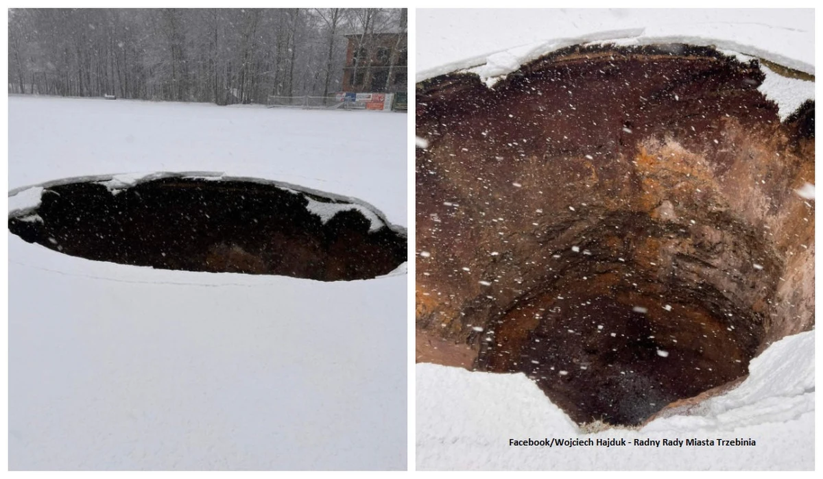 Zapadlisko pojawiło się na płycie stadionu UKS Górnik Siersza w Trzebini – poinformował RMF FM Piotr Bębenek z Komendy Miejskiej PSP w Chrzanowie. Dziura ma średnicę 10 metrów.
