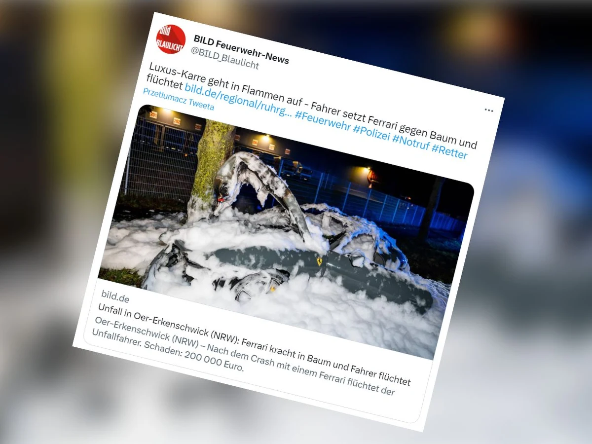 Był to mężczyzna, w młodym wieku, z blond fryzurą - tyle wiadomo o kierowcy szarego ferrari, które wylądowało na drzewie. Policja szuka kierowcy i przyczyny, dlaczego auto warte 200 tys. euro tak nagle zakończyło jazdę w 30 tys. mieście w Zagłębiu Ruhry w Niemczech.   