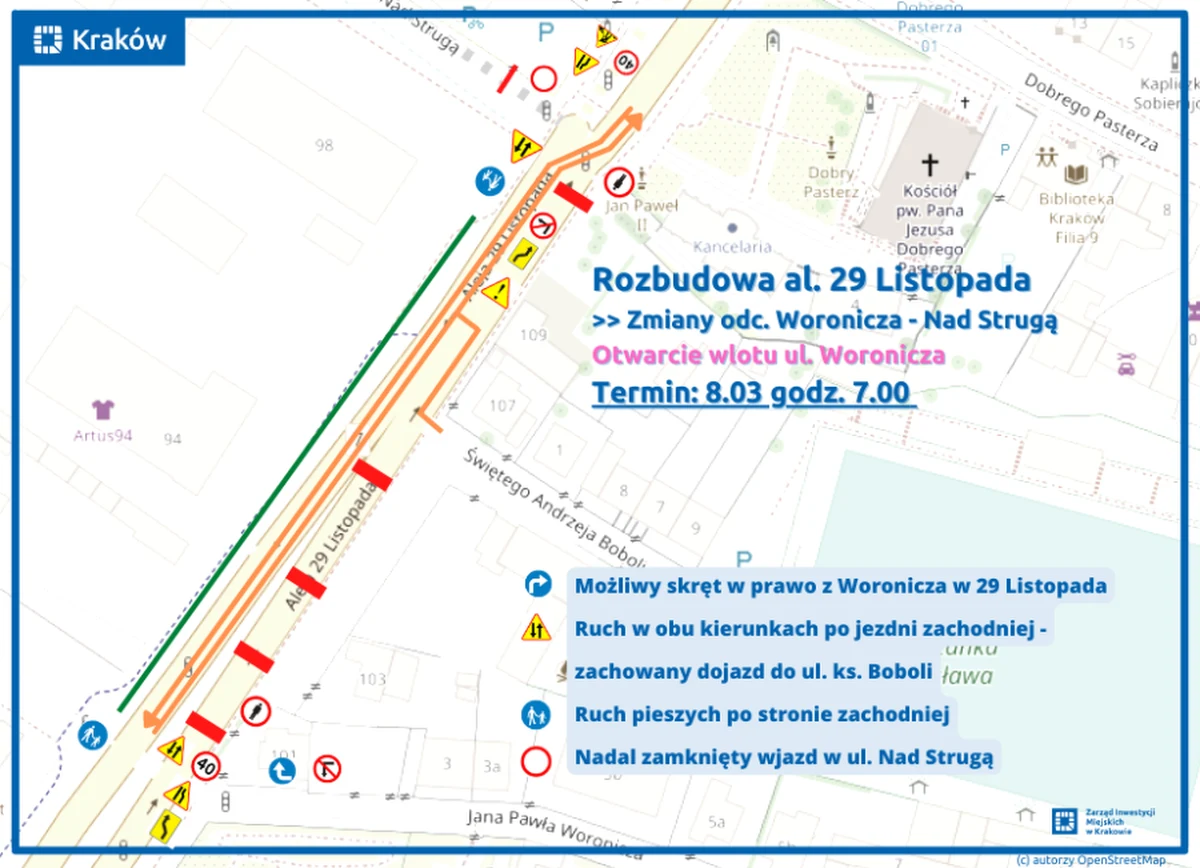 Dobra informacja dla kierowców. W środę (8 marca) otwarty dla ruchu drogowego zostanie wlot ul. Woronicza. Możliwy będzie wjazd na tę ulicę oraz wyjazd w prawo, w al. 29 Listopada.

