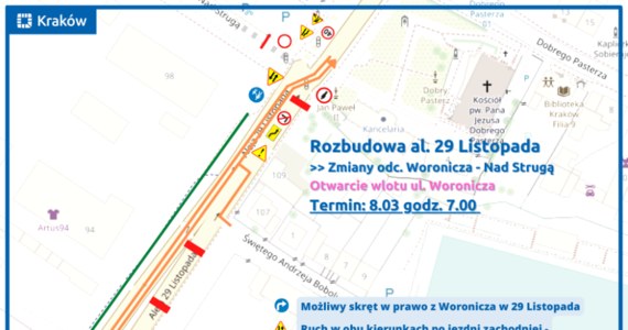 Dobra informacja dla kierowców. W środę (8 marca) otwarty dla ruchu drogowego zostanie wlot ul. Woronicza. Możliwy będzie wjazd na tę ulicę oraz wyjazd w prawo, w al. 29 Listopada.

