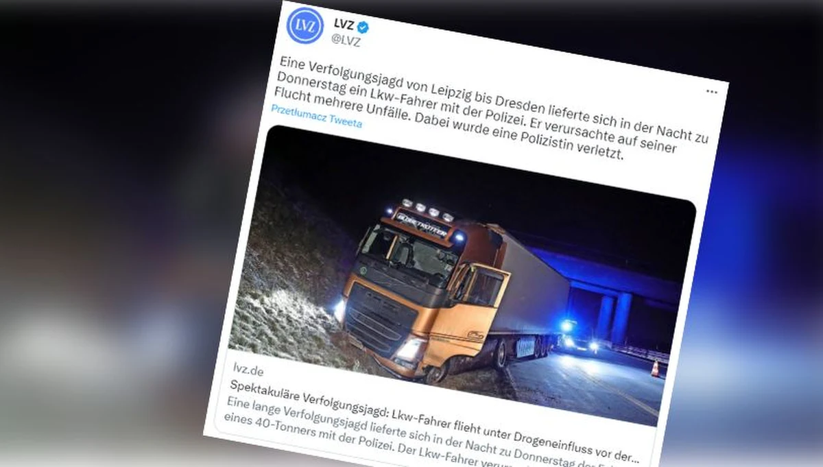 Niemiecka policja przez 100 km ścigała czeskiego kierowcę tira z transportem truskawek. 40-tonowa ciężarówka rozpoczęła dziki rajd na autostradzie A38 w okolicach Lipska. Kierowca oddał się w ręce funkcjonariuszy drogówki dopiero na obwodnicy Drezna. 