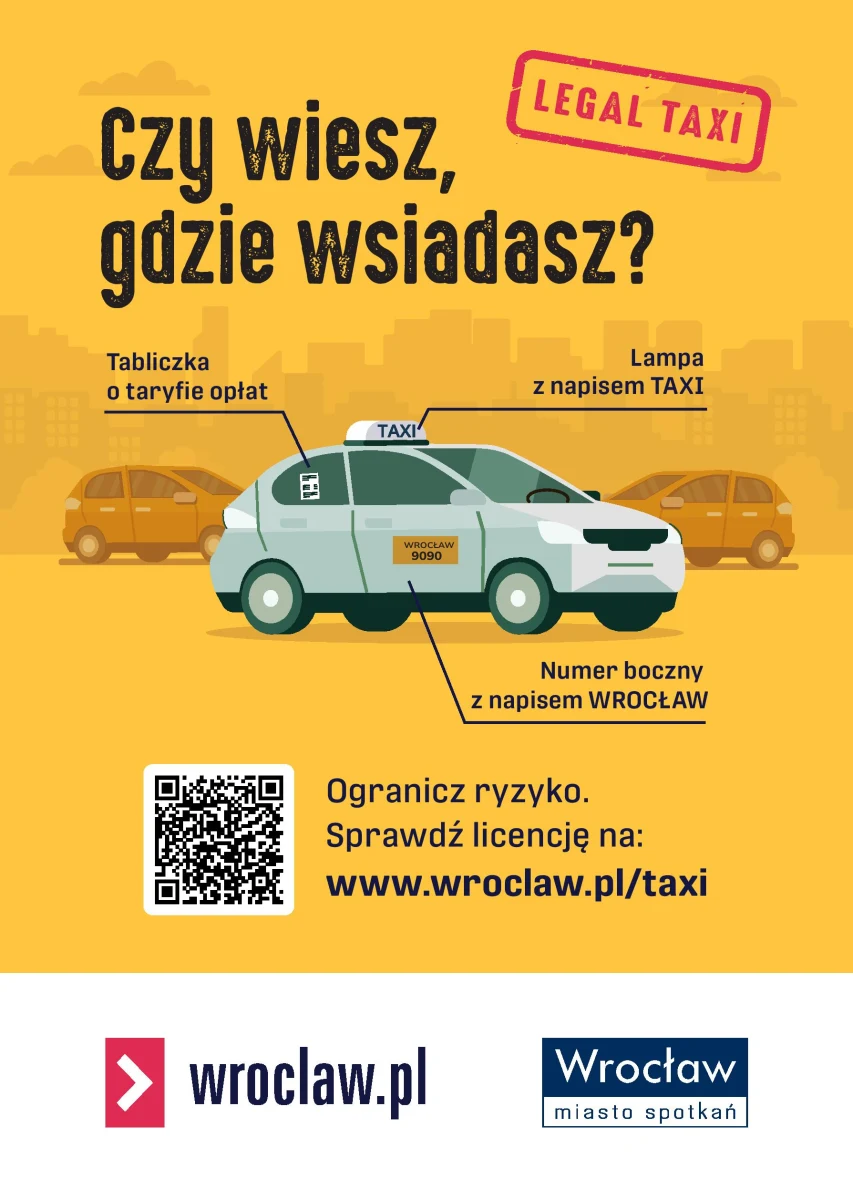 Zwiększenie bezpieczeństwa pasażerów i walka z nieuczciwymi taksówkarzami - to cele kampanii "Legalna taksówka", która ruszyła właśnie we Wrocławiu. Wystarczy zeskanować kod QR z nowej naklejki umieszczonej na taksówce i sprawdzić, czy dany pojazd jest zarejestrowany w miejskiej bazie.     

