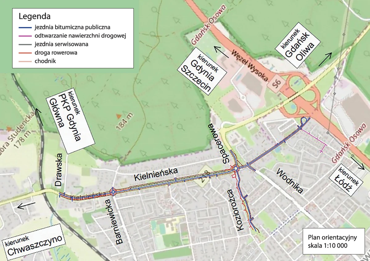 Ulica Kielnieńska - na odcinku od ul. Drawskiej do pętli autobusowej przy obwodnicy Trójmiasta - zostanie przebudowana. W poniedziałek podpisano umowę na jej modernizację. Wzdłuż ulicy powstaną drogi rowerowe, ciągi pieszo-rowerowe oraz 17 ogrodów deszczowych.

