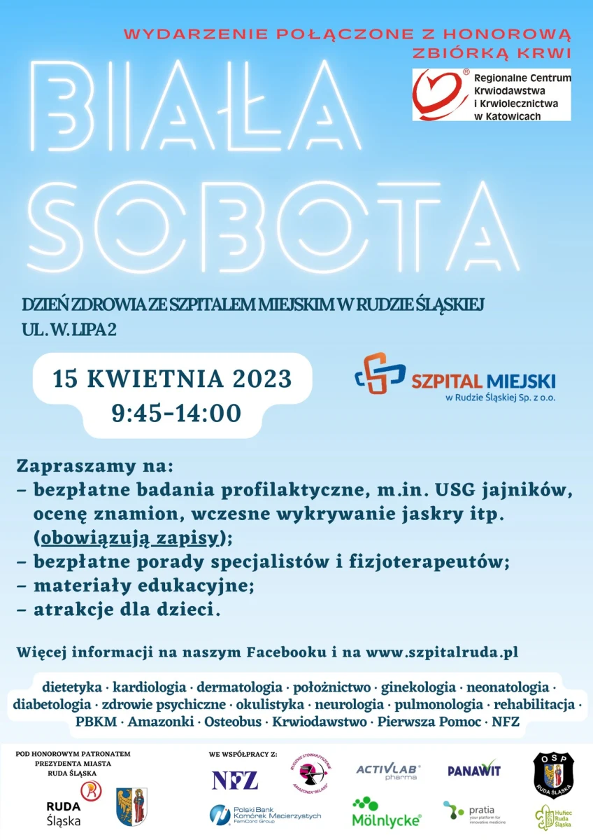 Biała Sobota odbędzie się 15 kwietnia, ale do 31 marca trzeba się zarejestrować. W Szpitalu Miejskim w Rudzie Śląskiej będzie można skorzystać z bezpłatnych porad lekarzy-specjalistów, m.in. kardiologa, okulisty i dermatologa.  