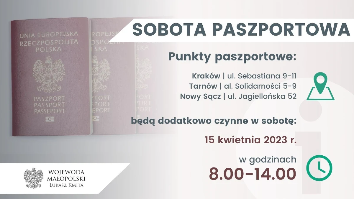"Sobota paszportowa" to dodatkowy dzień pracy urzędów, w których można złożyć wniosek o paszport lub odebrać gotowy dokument. Tego dnia otwarte będą oddziały paszportowe urzędu wojewódzkiego w Krakowie, Tarnowie i Nowym Sączu.