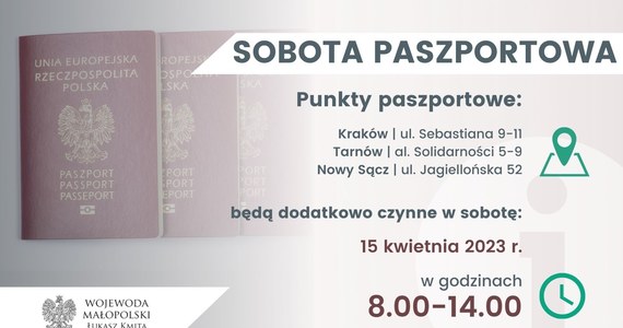 "Sobota paszportowa" to dodatkowy dzień pracy urzędów, w których można złożyć wniosek o paszport lub odebrać gotowy dokument. Tego dnia otwarte będą oddziały paszportowe urzędu wojewódzkiego w Krakowie, Tarnowie i Nowym Sączu.