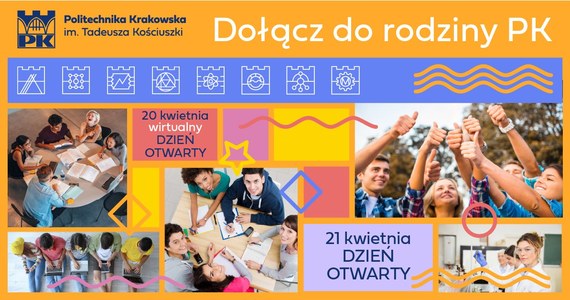 Pod hasłem „Dołącz do rodziny PK” odbywają się w tym roku dni otwarte Politechniki Krakowskiej i to aż dwa! Wirtualnie można odwiedzić uczelnię już jutro (w czwartek, 20 kwietnia), a stacjonarnie w piątek (21 kwietnia). 