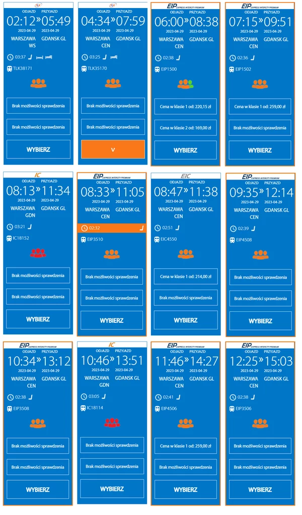 Dostępność biletów między 2:12 a 12:35 na trasie Warszawa-Gdańsk na 29 kwietnia