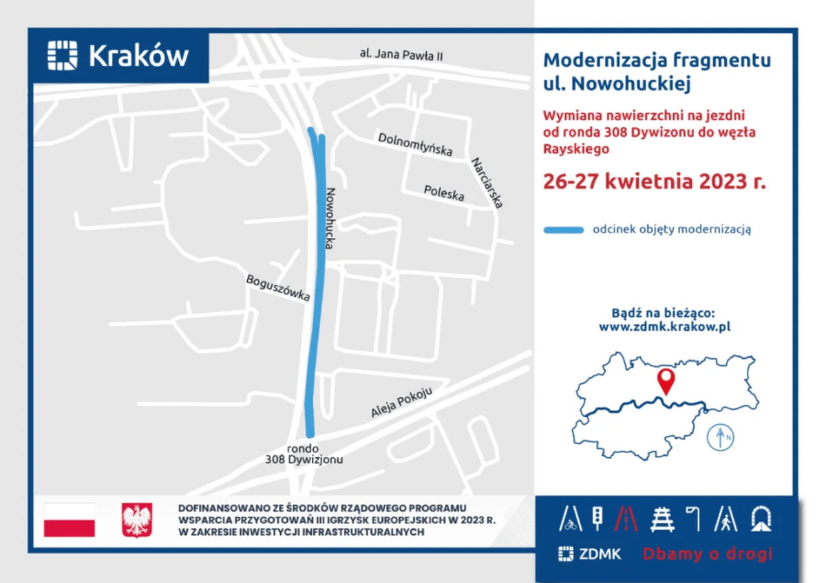 Rusza modernizacja jezdni ul. Nowohuckiej na odcinku od ronda 308 Dywizjonu do węzła im. Rayskiego. Prace potrwają do piątku (28 kwietnia). Ruchem sterują uprawnione osoby.