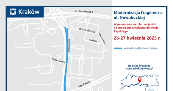 Rusza modernizacja jezdni ul. Nowohuckiej na odcinku od ronda 308 Dywizjonu do węzła im. Rayskiego. Prace potrwają do piątku (28 kwietnia). Ruchem sterują uprawnione osoby.