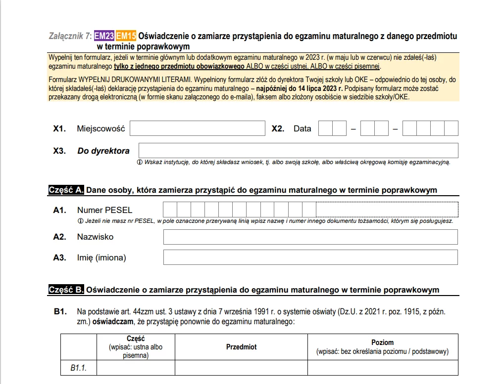 Wzór deklaracji o zamiarze przystąpienia do matury w terminie poprawkowym.