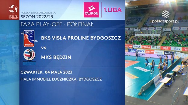 Skrót drugiego meczu półfinałowego TAURON 1. Ligi siatkarzy BKS Visła Proline Bydgoszcz - MKS Będzin 1:3 (23:25, 22:25, 25:16, 24:26).